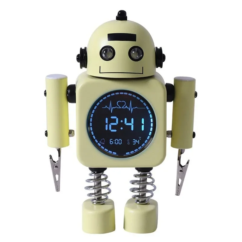 Creative Robot Shaped Alarm Clock With Night Light & Temperature Display Silent Metal Table Clock For Kids Bedroom Bedhead,