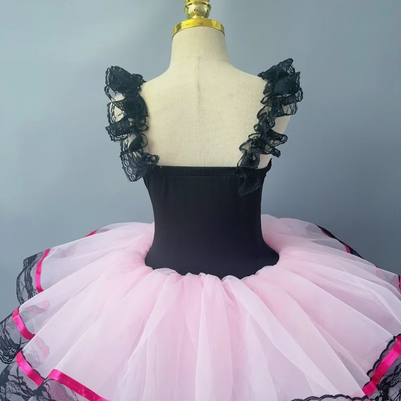 Vestido infantil princesa tutu, vestido de salão, renda rosa, tutu de dança moderna, vestido de dança jazz para meninas, roupa de palco infantil