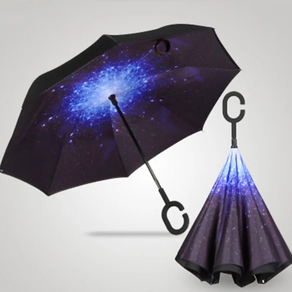 Women Handsfree Umbrella Windproof Double Layer Anti-UV Windproof C-Shaped Handle Inverted Upstanding Umbrella Sunshade Umbrella