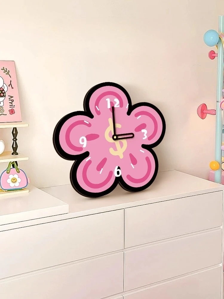 Cream Style Room Decor Pink Flower Digital Clock Mute Table Clock Modern Living Room Bedroom Wall Clock Desk Watch Girl's Gift