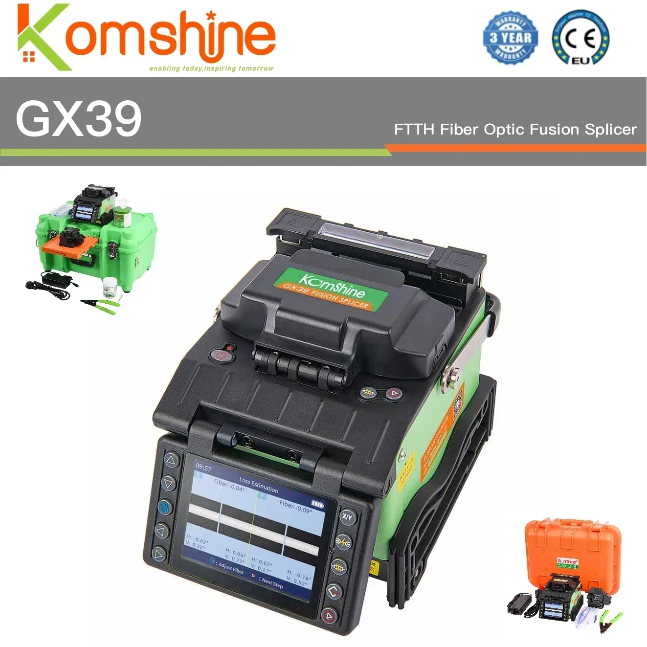 DHL UPS FedEx Komshine GX39 متعدد اللغات الانصهار جهاز الربط FTTx V-الأخدود الأساسية محاذاة آلة ربط الألياف البصرية واحدة