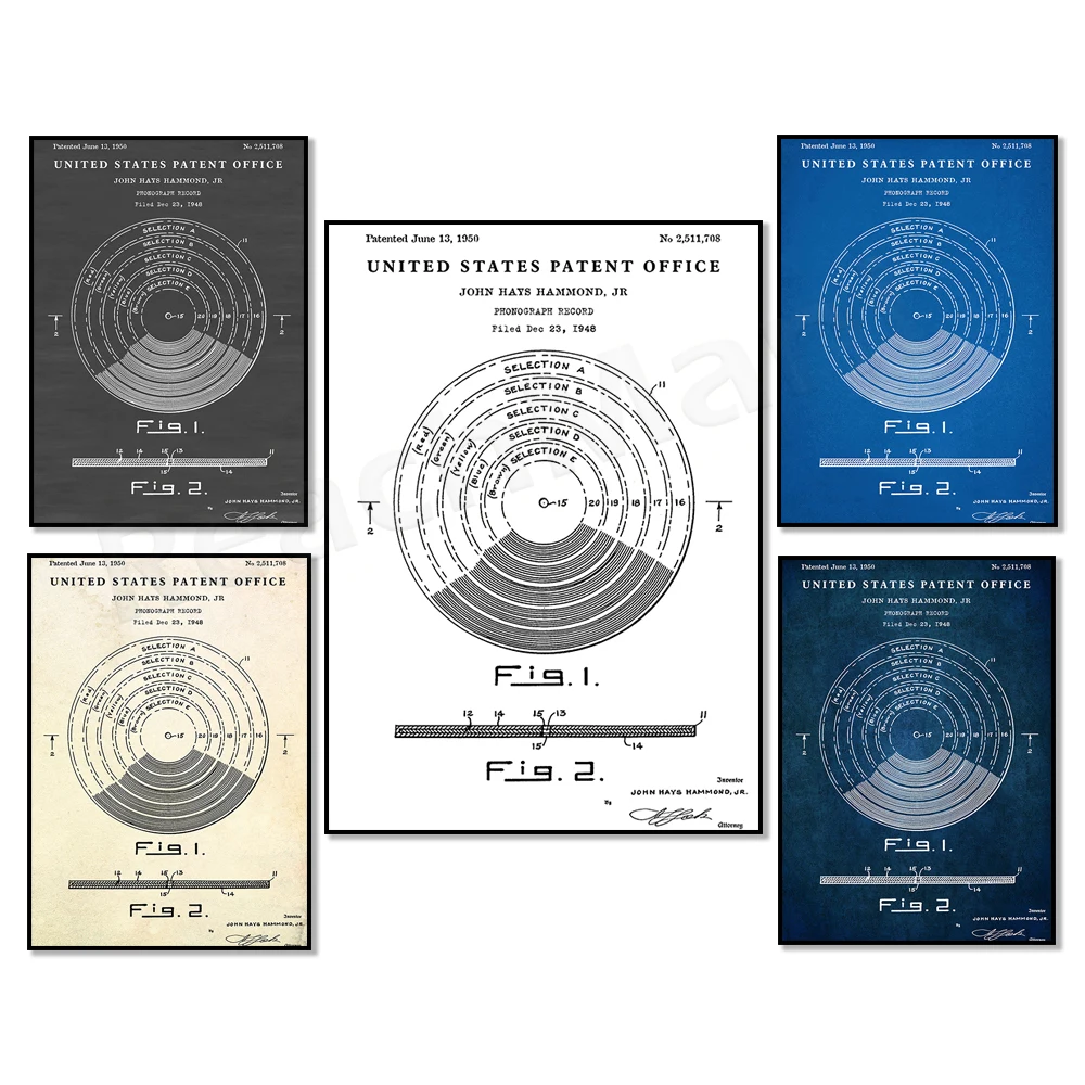 Gramophone record 1950 patent poster. DJ's gift for music lovers. Lounge retro enthusiast decor. Vinyl Blueprint Wall Art