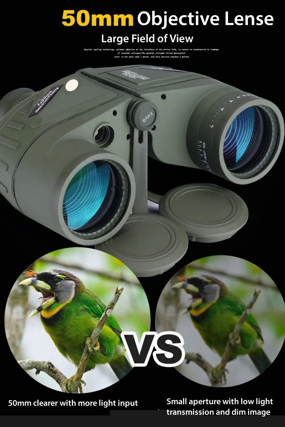 Powerful Binoculars 7X50 Waterproof Military Marine Camping Hunting Floating Bak4 Prism Telescope Night Vision Rangefinder