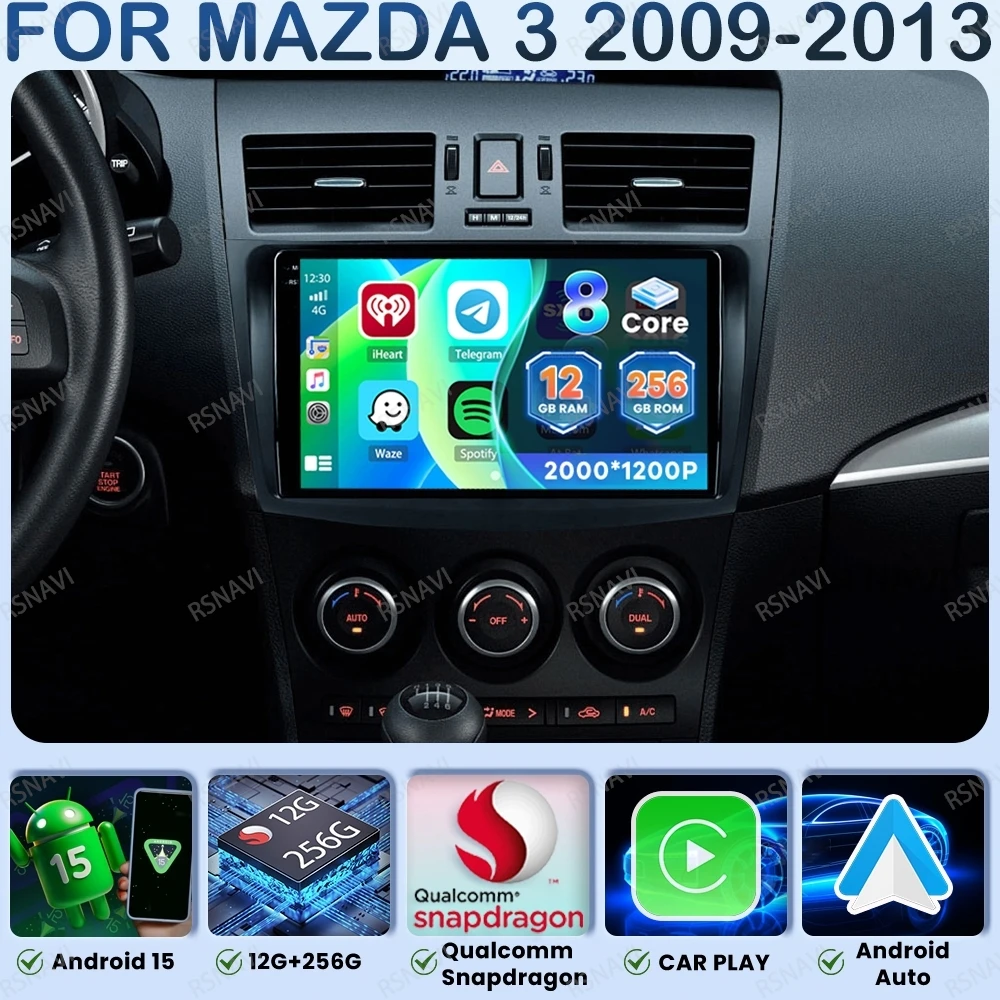 Android 15 Car Radio For Mazda 3 2009-2013 BT DSP 4G LTE Navigation DVD Qualcomm Multimedia GPS Autoradio Head Unit QLED 5G WIFI