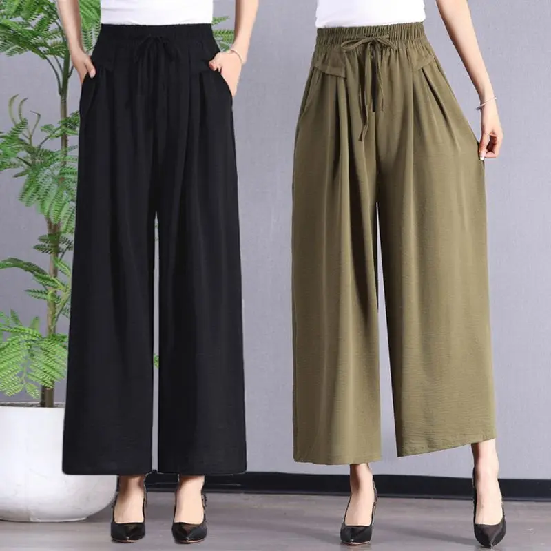 

Women Summer Simplicity Temperament Loose Solid Color Ice Shreds High Waist Wide Leg Ladies Casual All-match Trend Cropped Pants