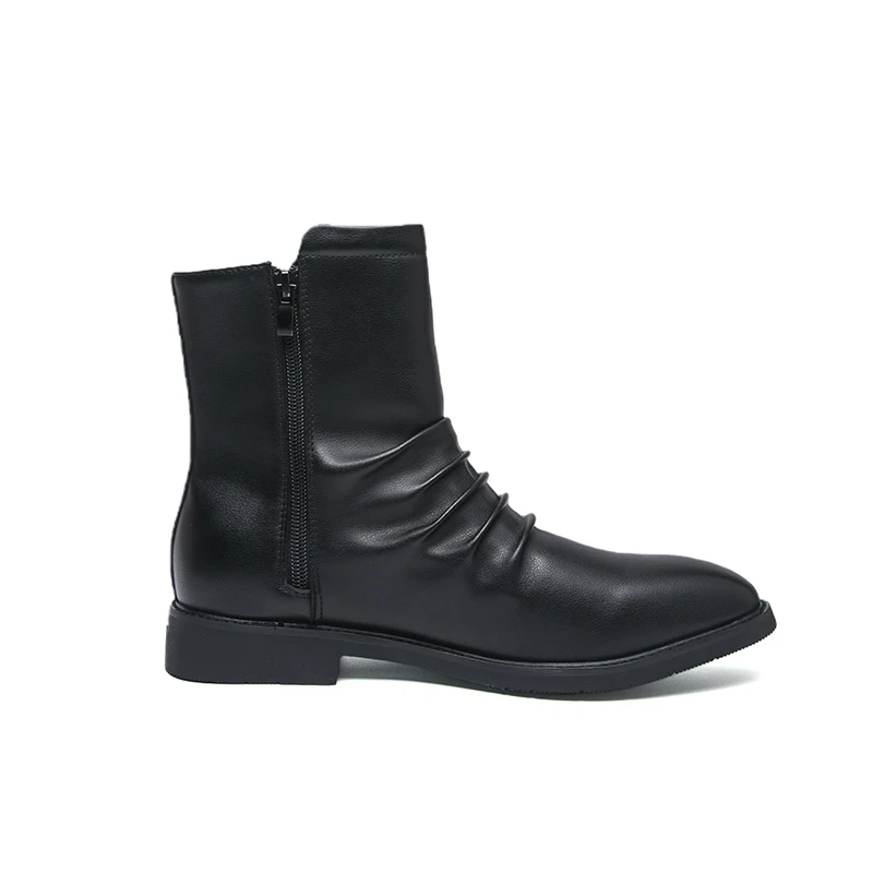 Men Pleated Leather Boots Side Zipper Pointed Toe Black Fashion Dress Shoes Comfortable Non Slip Sole Business Party Ankle Boots