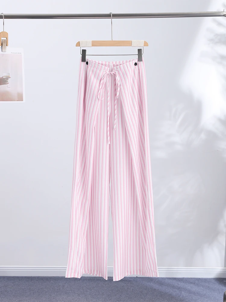 Verstellbare gestreifte Hose für Damen – Streetwear mit hoher Taille, Schnürung, weitem Bein und charmantem Panel-Design – Neu – Detail 1