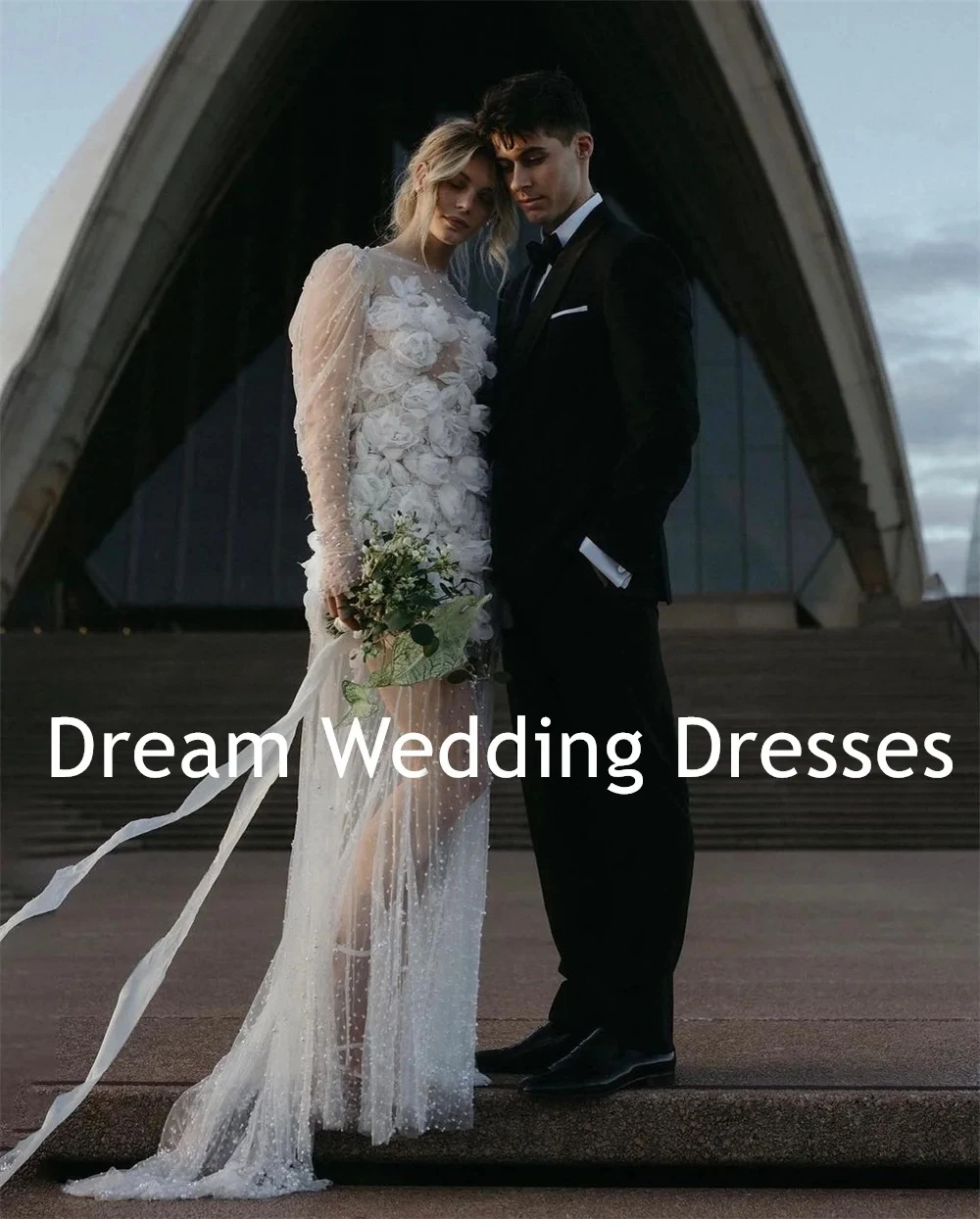 DREAM 3D Flowers Short A-Line Wedding Dresses Pearls Beadings Tulle Long Sleeves Bride Gown Backless Illusion Boho Bridal Dress