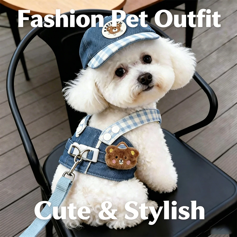 IP Themed Dog and Cat Harness Leash Set with Matching Hat Breathable Mesh No-Pull Vest for Small Dogs Outdoor Walking