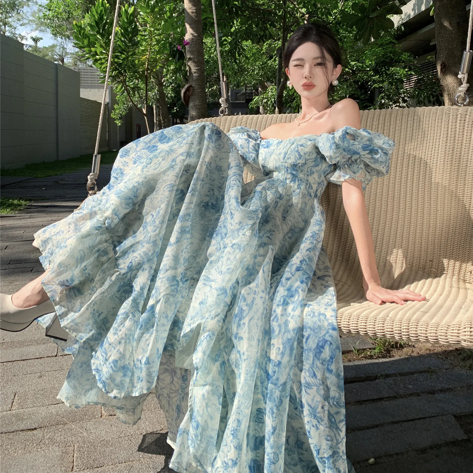 

2024 New Seaside Vacation Shoulder Bohemian Beach Long Skirt Printed Organza Photo Travel Wear Dress