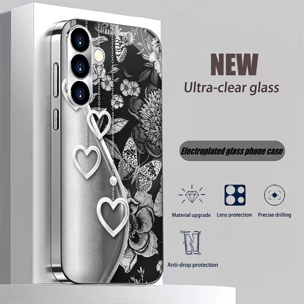 heart butterfly floral TPU HD glass phone case for Samsung Galaxy S26 S25 S24 S23 S22 S21FE,Ultra,Plus Super-strong protectio