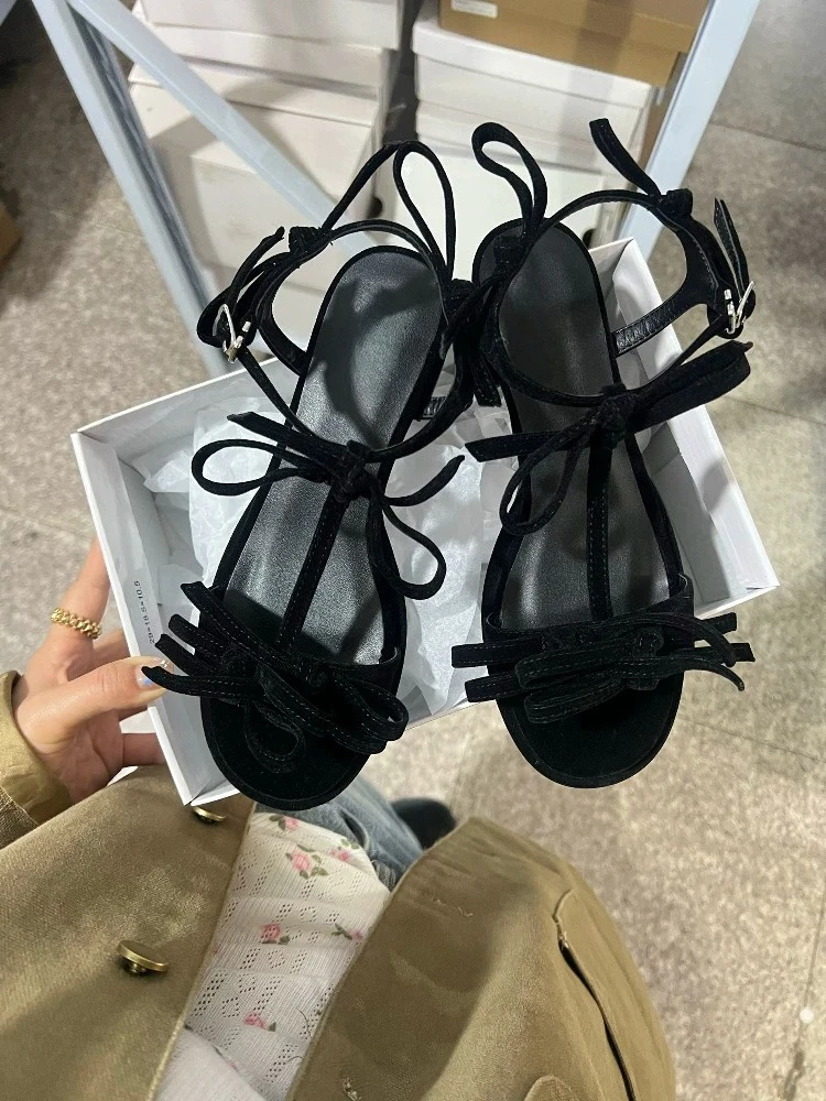 Thick Heels Elegant High Heel Sandals Beautiful Fashionable Women's Sandals Summer New Japanese Style Velvet Bows Lady Shoes