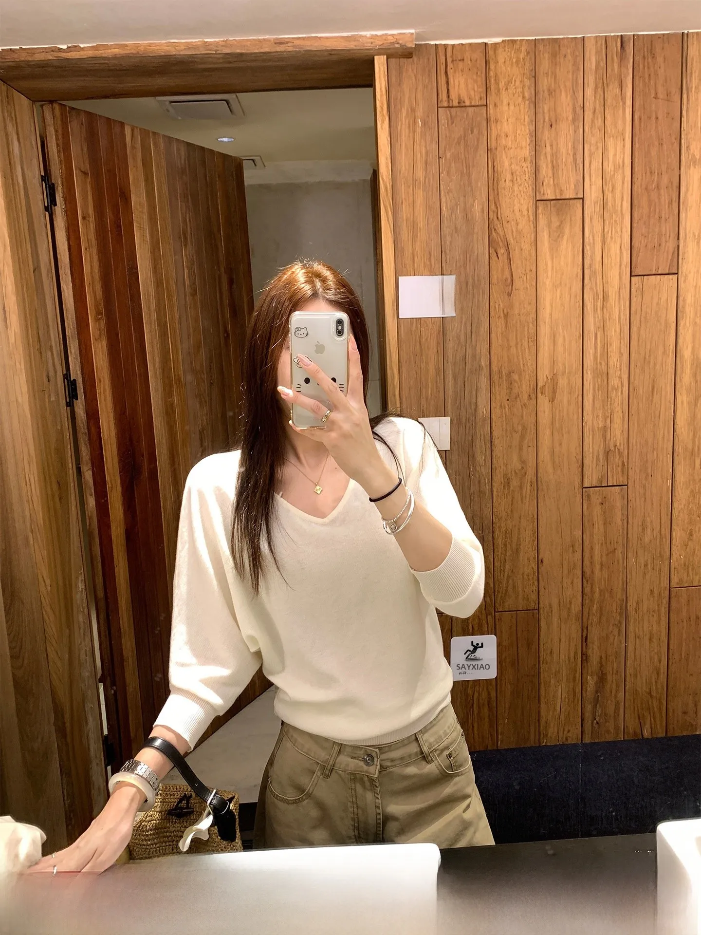 

Свободный вязаный женский топ с V-образным вырезом и рукавами 3/4 «летучая мышь», повседневный, приталенный, свободного кроя, из смесового полиэстера, весенняя мода, полиэстер-акрил