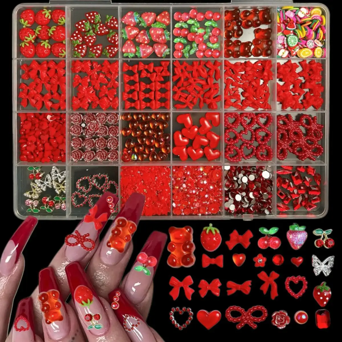 

1Box Mixed 3D Resin Red Bow Flower Strawberry Nail Art Decoration Valentine's Day Heart Bear Nail Charms Supplies For DIY Crafts