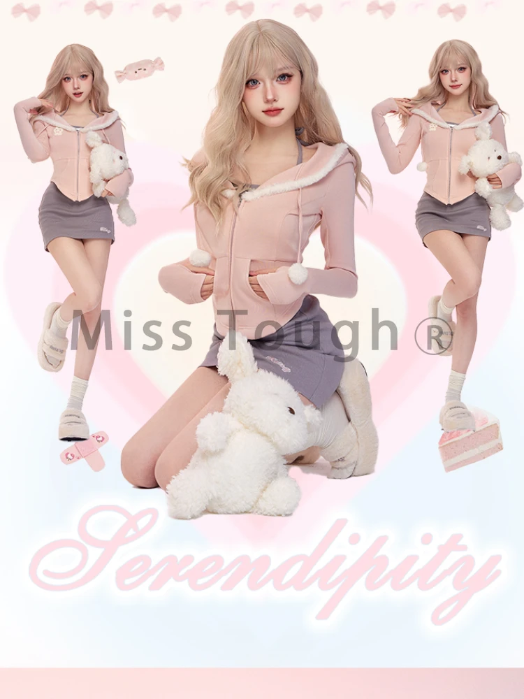 

Autumn Pink Kawaii 3 Piece Set Women Casual Party Mini Skirt Suit Female Korean Fashion Sport Wear Designer Tracksuit 2023 New
