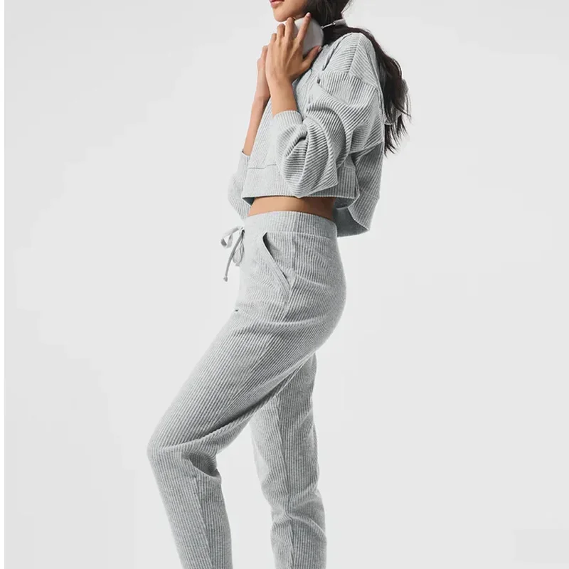 Invierno nuevo Casual suelto ajustado suéter de manga larga 2 piezas conjunto chaqueta de punto de las mujeres con capucha Fitness deportes suéter pantalones con cordón