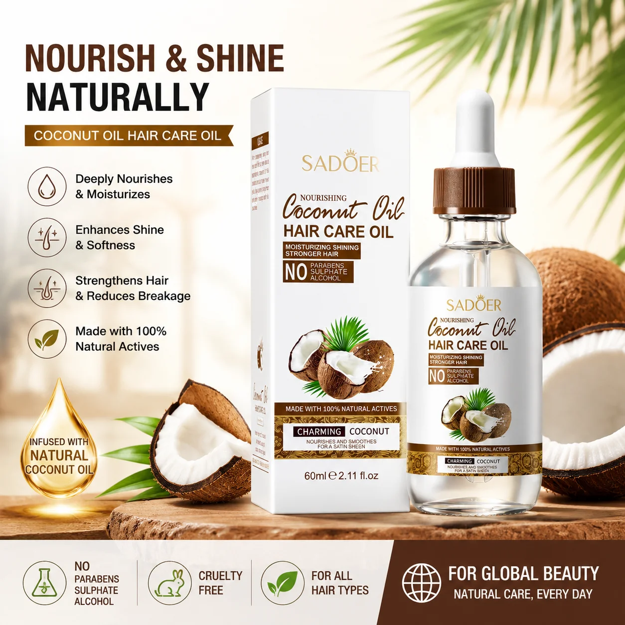 Coconut Oil, Hair Care Essential Oil, anti Frizz, Smooth Repair, Dry and Perm Hair, Special for Protecting Curly Hair After Perm