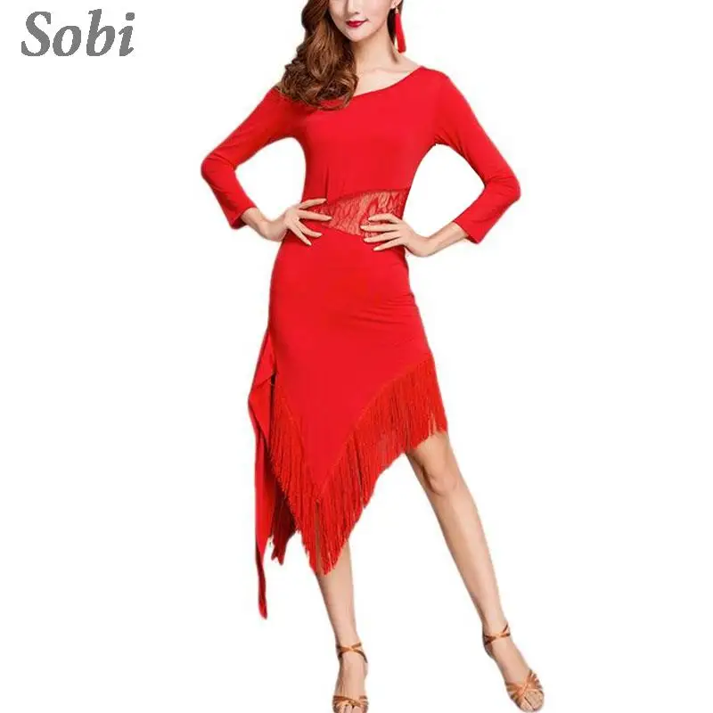 New Latin Dance Dress Sexy Mesh Stretchy One-piece Latin Dress for Women Long-Sleeve Tassel Ballroom Tango Cha Cha Rumba Costume