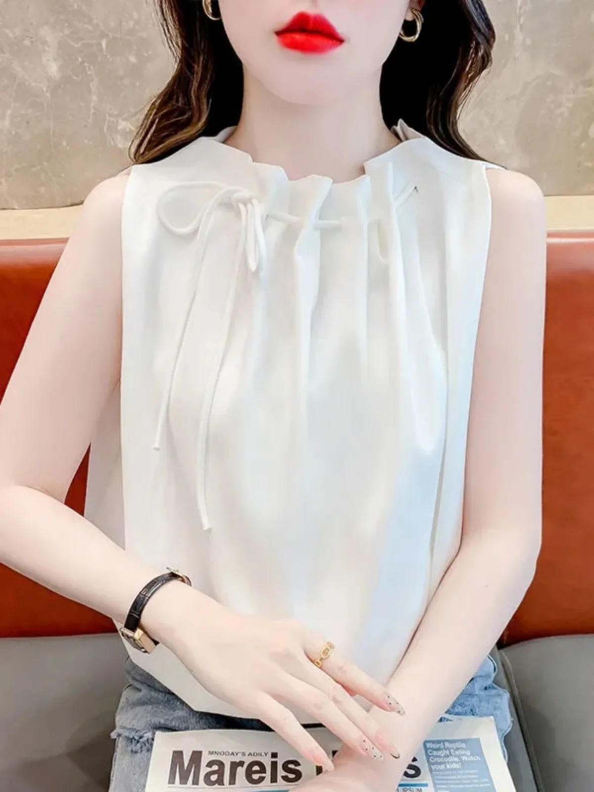 

Summer New Loose Women's Svel Chiffon irt Belly Covering Wide Belted Vest Top Outerwear Polyester Fiber round Ne