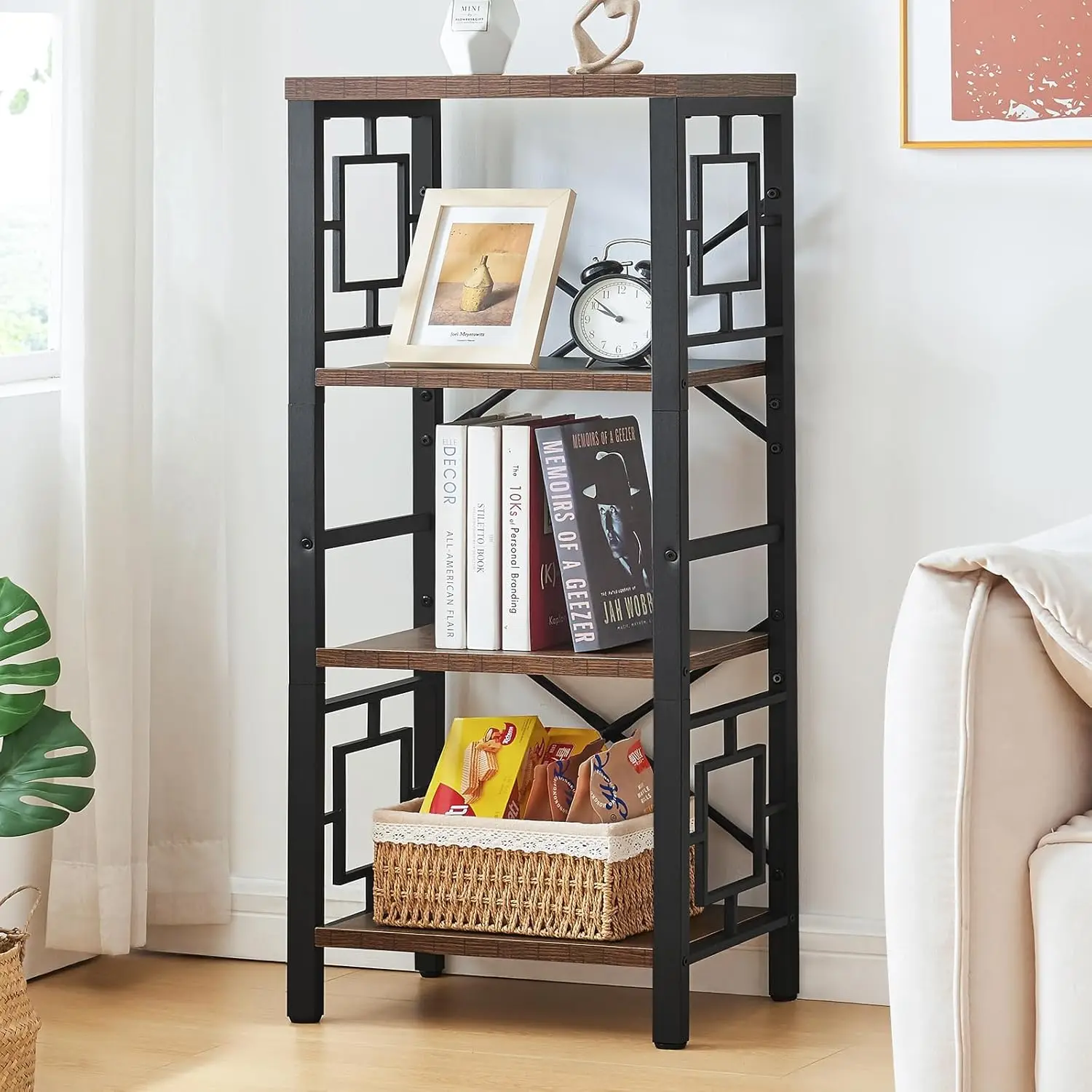 

Umail Furniture Industrial 4 Tier Bookshelf, Freestanding Narrow Bookcase with Rustic Wood and Metal