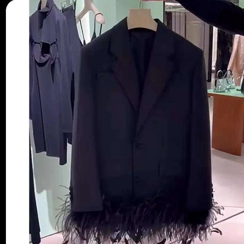 

Unique Design Feather Patchwork Blazer Women 2023 New Fashion Elegant Chic Sweet Cool Style Slim Fit Jacket Tops