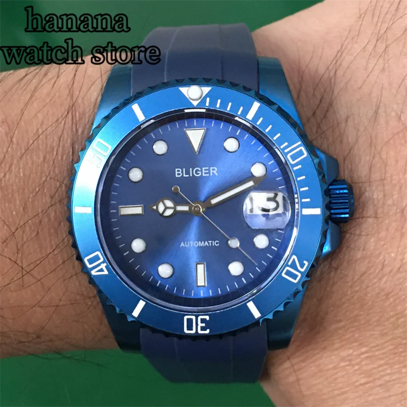 BLIGER 40MM Blue Men's Automatic Mechanical Watch NH35  Movement Blue luminous dial case Sapphire glass rubber strap Date window