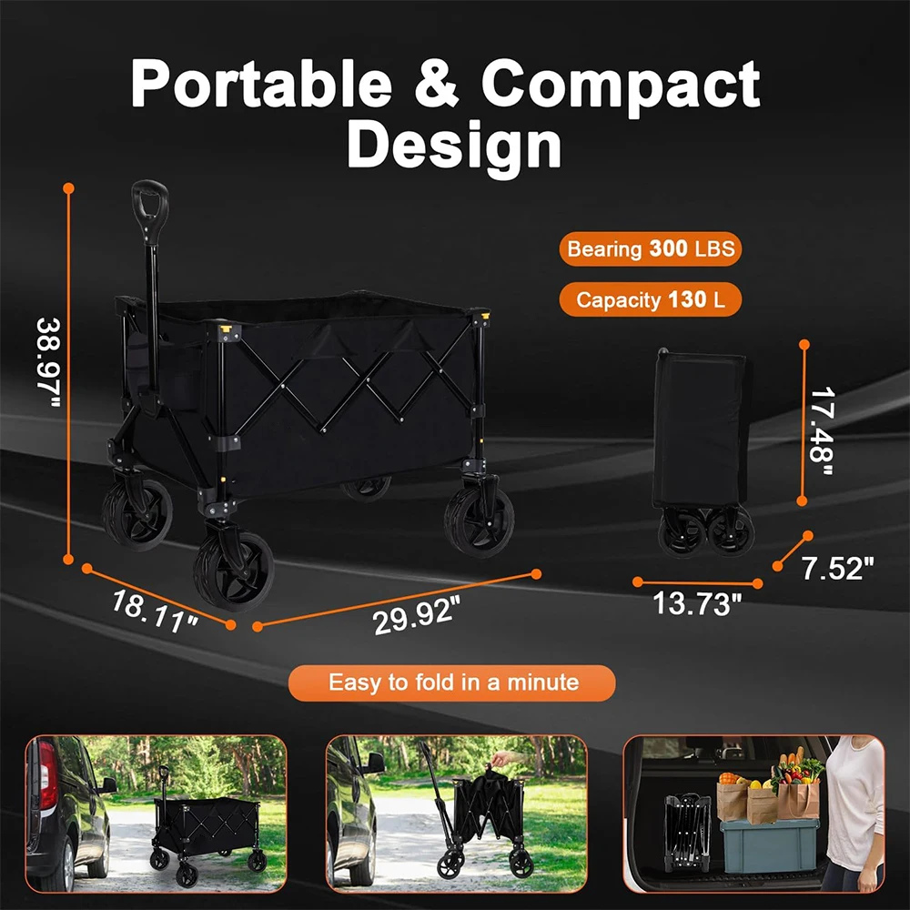 130l / 150l Collapsible Folding Wagon Cart with Silent Universal Wheels Heavy Duty Utility Wagon for Shopping