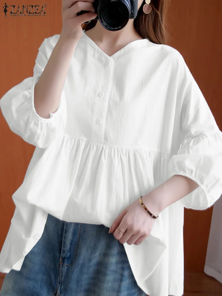 ZANZEA Women Elegant 3/4 Lantern Sleeve Blouses Summer Tops Spring Solid Loose Shirt Oversize Chemise Casual Buttons Work Blusas