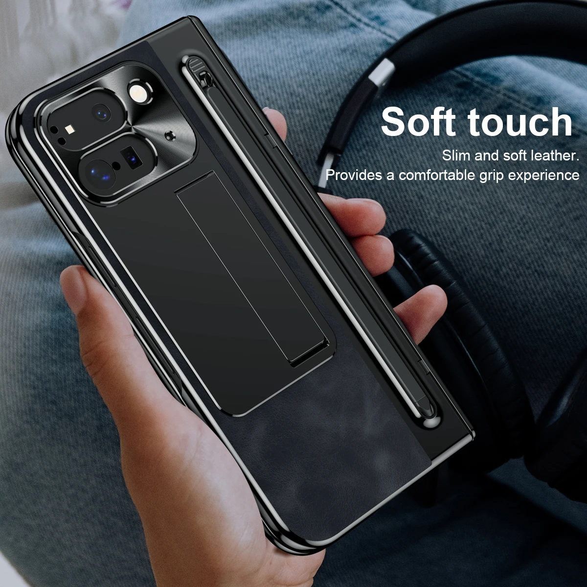 With Touch Pen For Google Pixel Fold 2 Case Leather Hinge Folding Cover Stand 360 Full Screen Protection Tempered Glass Film