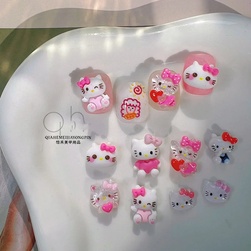 10pcs Miniso Hello Kitty Mini Nail Charms 8 Styles Transparent Glitter Hello Kitty Resin Nail Art Decorations Nail Accessories &