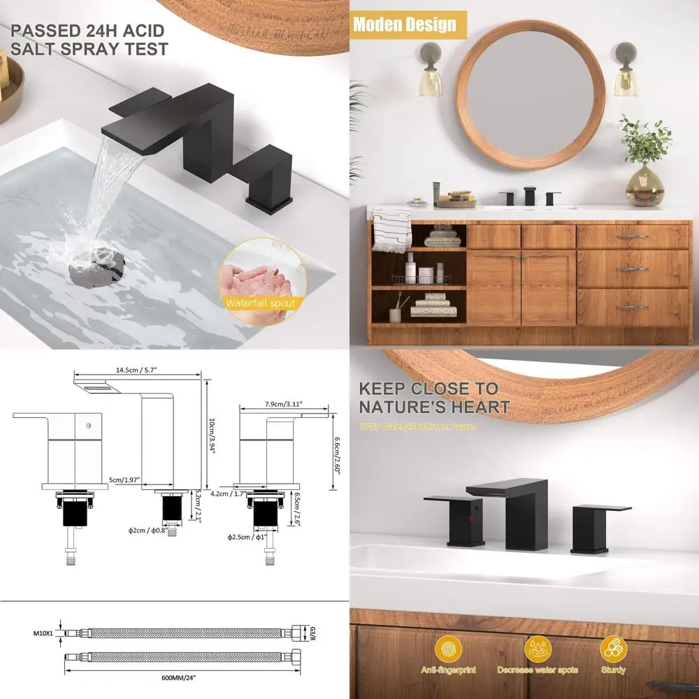 

8 Widespread 2-Handle Matte Black Bathroom Sink Faucet with Waterfall Spout, Pop-Up Drain, and Stainless Steel Supply Lines