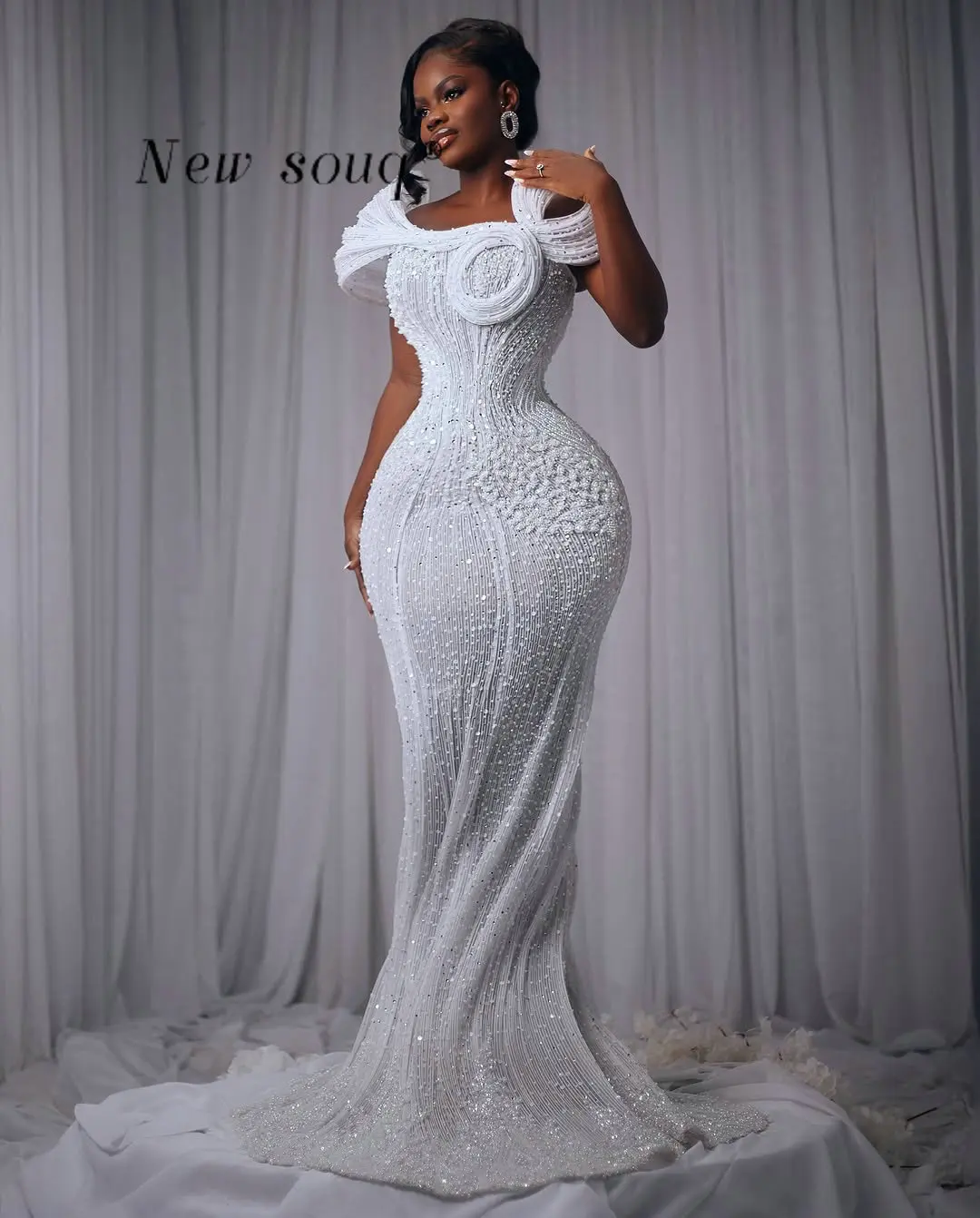 

African Nigeria White Mermaid Wedding Evening Dresses Customized 3D Pleated Engagement Party Gowns for Black Women Plus Size
