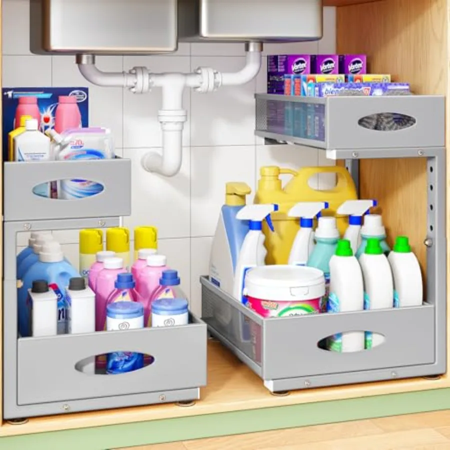 

Органайзер под раковину, 2 шт., выдвижной, 2-уровневый, металлический, L-образный, регулируемый по высоте, для хранения