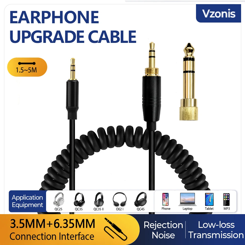Cable Espiral Para Auriculares Audio-Technica ATH-M50X/M40X/M70X - 1.5m A 5m, Con Adaptador 6.35mm, Plug 2.5mm A 3.5mm