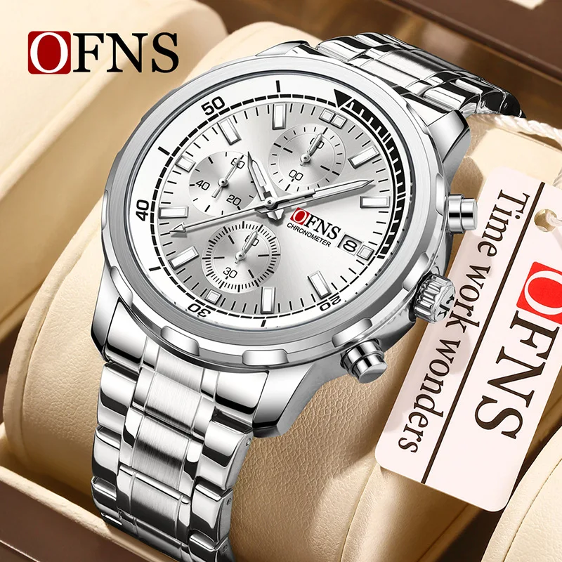 OFNS 2025 Nuovo orologio da uomo d'affari e per il tempo libero con tre occhi, movimento al quarzo a sei aghi, display con luce notturna impermeabile 3ATM