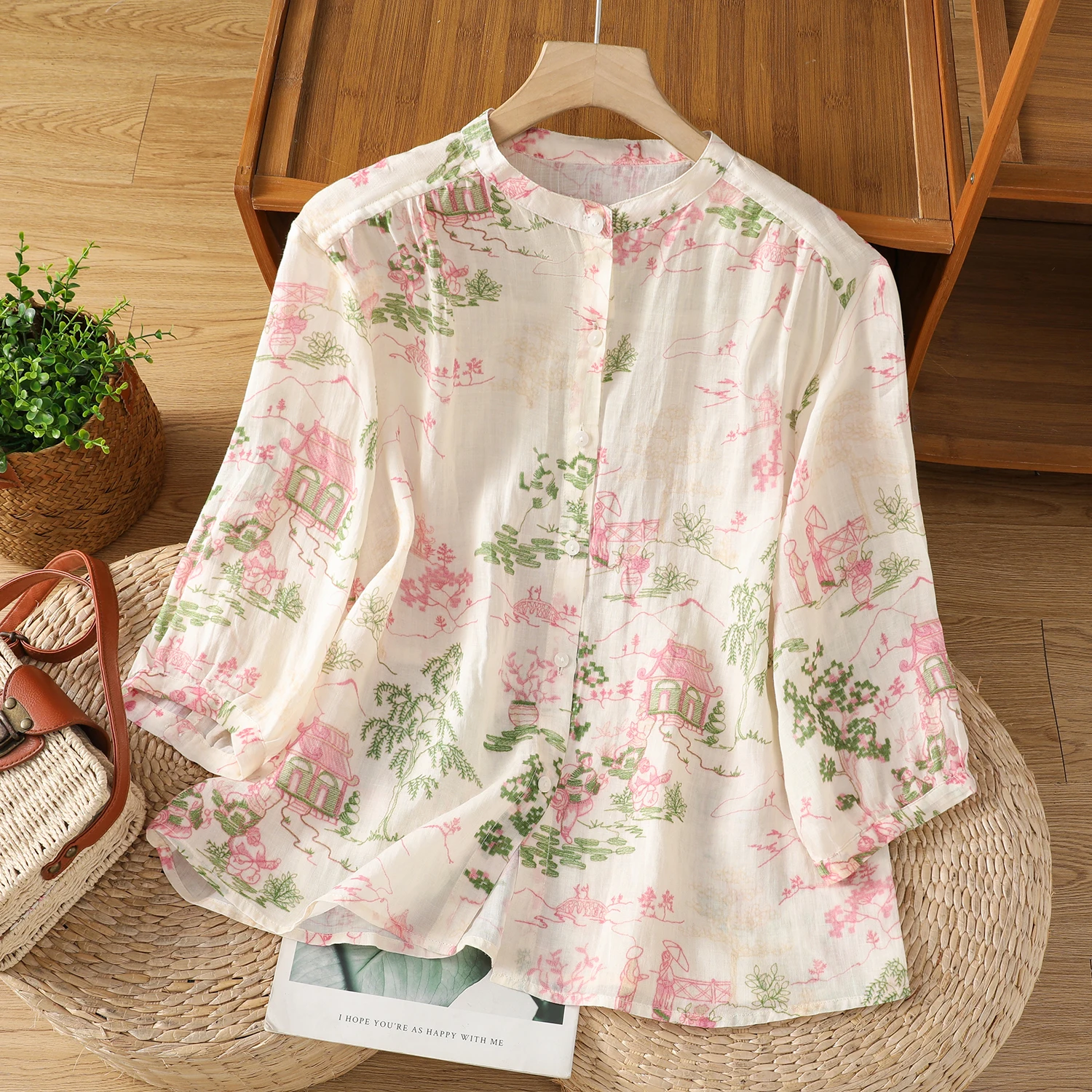 

Новая женская летняя рубашка в китайском стиле ретро из хлопка и льна с принтом, воротником-стойкой, на одной пуговице, с рукавом 3/4, элегантный универсальный топ...