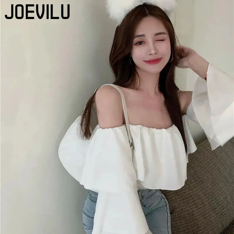 JOEVILU Chiffon Shirt Off Shoulder Ruffle White Blouse Spring and Summer Women\'s Casual Tops Ladies Korean Style Blusas Crop Top