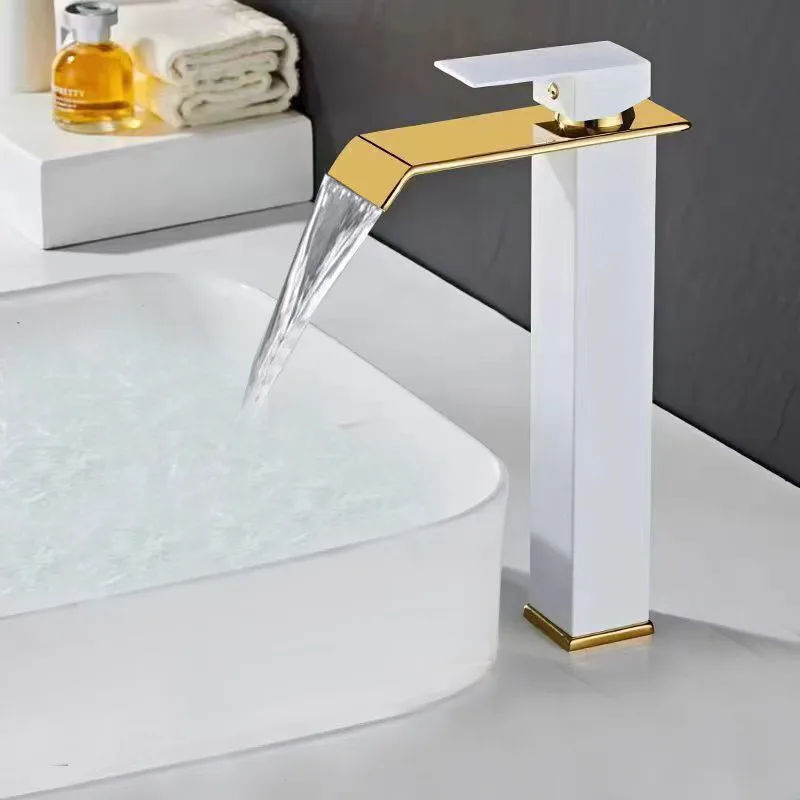 Tuqiu Gold and white Bathroom Faucet Waterfall Faucet  Basin Faucet Bathroom Basin Faucet Mixer Tap Hot and Cold Sink faucet