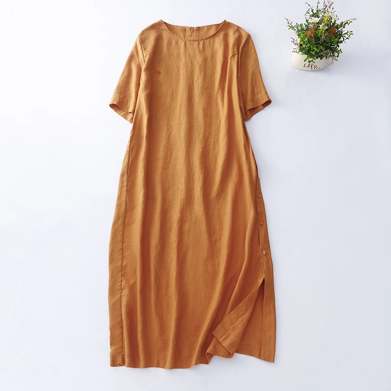 2024 Spring Summer Oversize Cotton Linen Dress Women's Short Sleeve Casual Loose Solid Pullover Comfortable Vestidos X1181