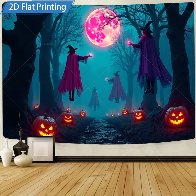 

1шт настенный гобелен Хэллоуин жуткий лесной гобелен с летающими ведьмами и декором тыквы