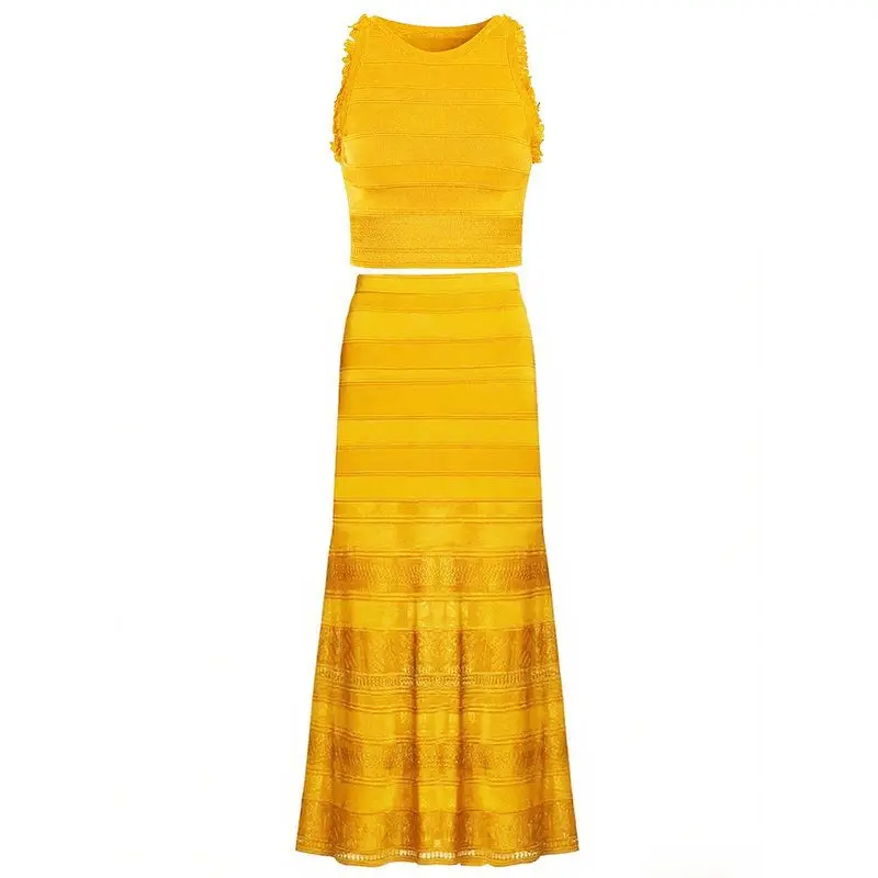 

High Quality Summer 2025 Sleeveless Knitted Short Top And Midi Skirt Set Elegant Lady Style Half Body Fashion Ensemble