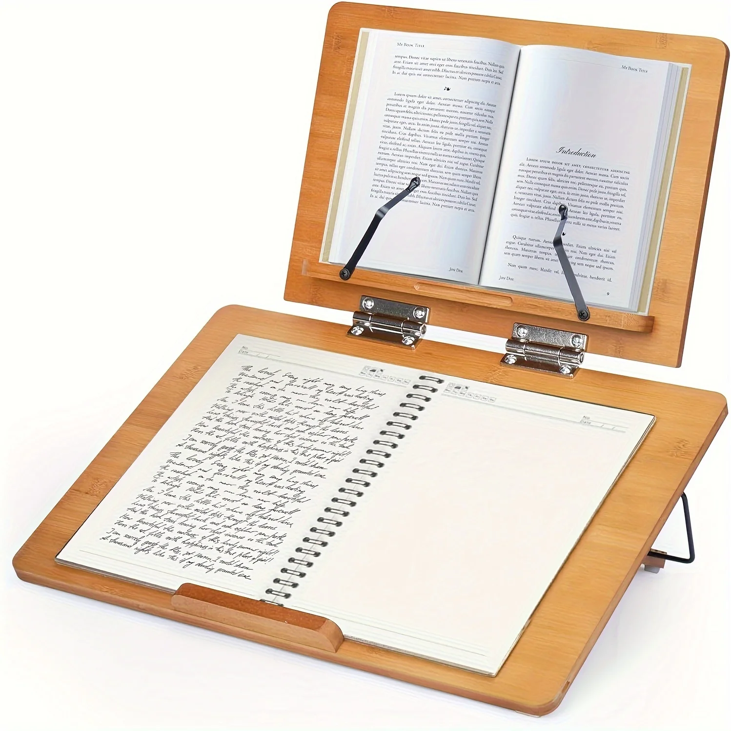 Foldable and Detachable Bamboo Bookshelf, Adjustable Reading Stand, Double-layered with Book Support Pad