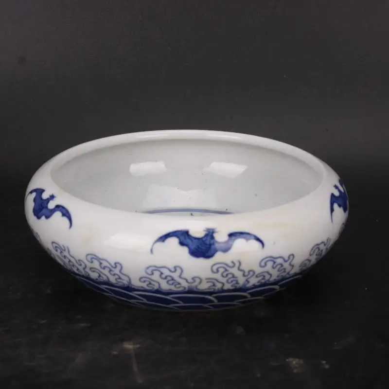 

5.1" Chinese Qing Qianlong Blue and White Porcelain Bat Lotus Bowl Brush Washer