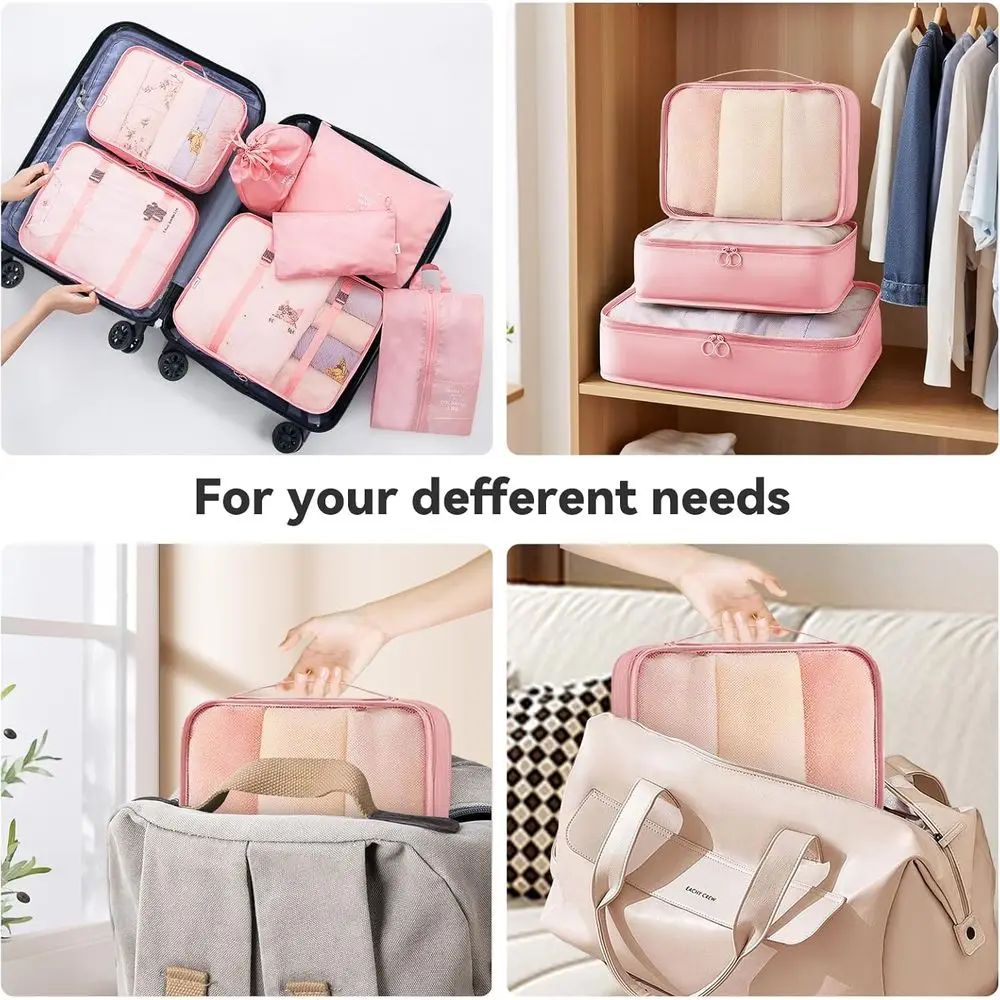 طقم حقائب صلبة مكون من 10 قطع مع 4 عجلات دوارة، قفل TSA، 20-28 بوصة، 7 أكياس تخزين، وردي #6