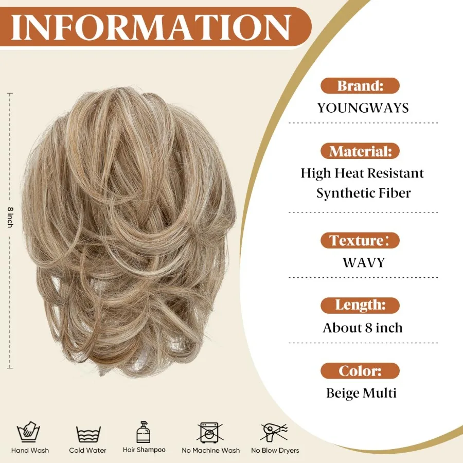 وصلات شعر صناعية بيج متعددة الاستخدامات لذيل حصان قصير وأنماط كعكة فوضوية قابلة للانحناء منفوش ومموج ومجعد مثالية