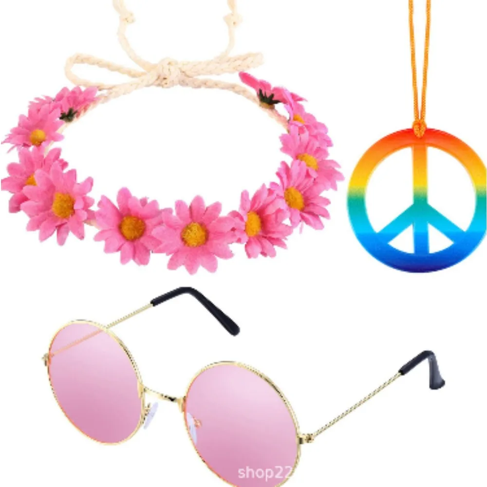 

60s Rose Chrysanthemum Headband Colorful Peace Charm Necklace Pink Glasses