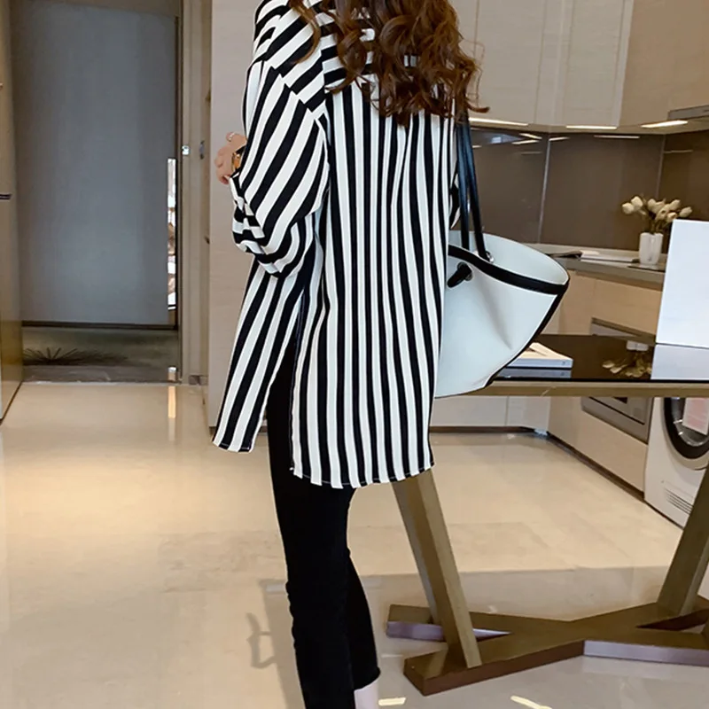 Women's Striped irt Loose Long Sve  Collar Mid-Length Commute Sle Korean Lazy Faion Early Spring New Arrival