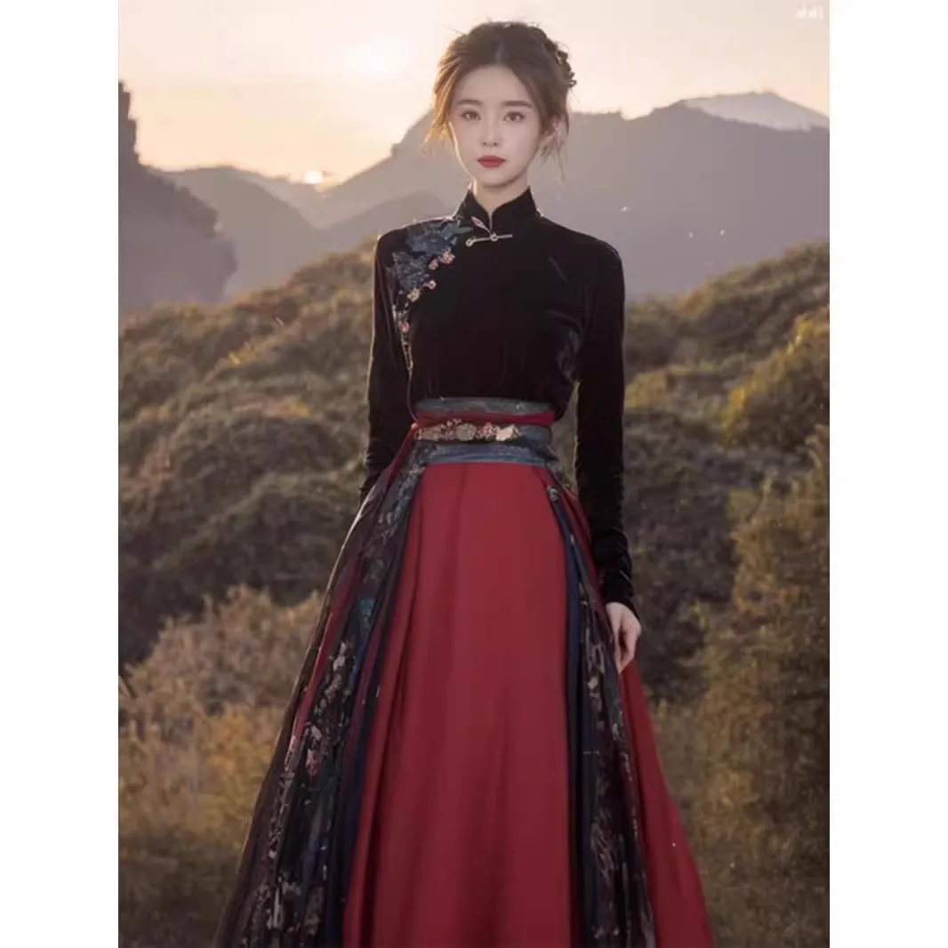 

New Chinese Sle Set Women's Autumn Winter High Waist Slimming Hanfu Top with Face Skirt Unique Traditional Ensemble