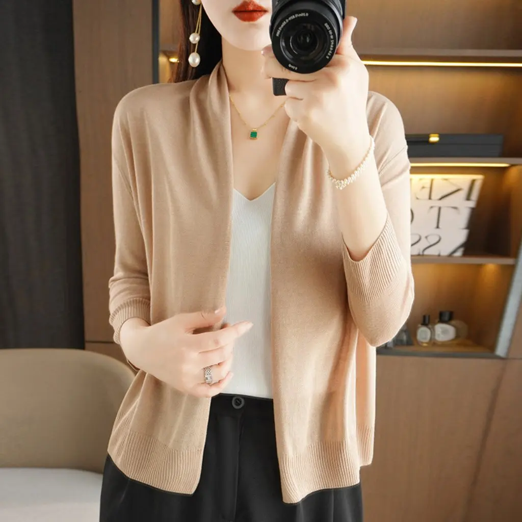 

Summer Women's Air-Conditioned Knitwear Thin Ice Silk Linen Long-Sleeved Cardigan Shawl Large Size Outer Vest for Cool Weather