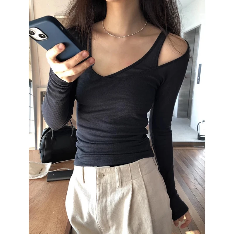 Korean Fashion Women T Shirts Autumn French Style Sexy Two Pieces Irregular Ladies Tops Off Shoulder T-shirt